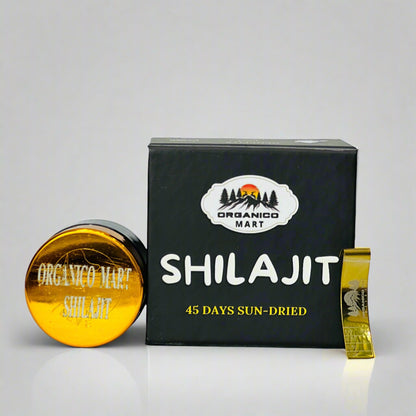 Shilajit product with packaging on a light gray background